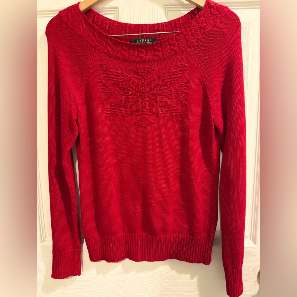 Lauren Ralph Lauren Beaded Snowflake 100% Cotton Red  Party
